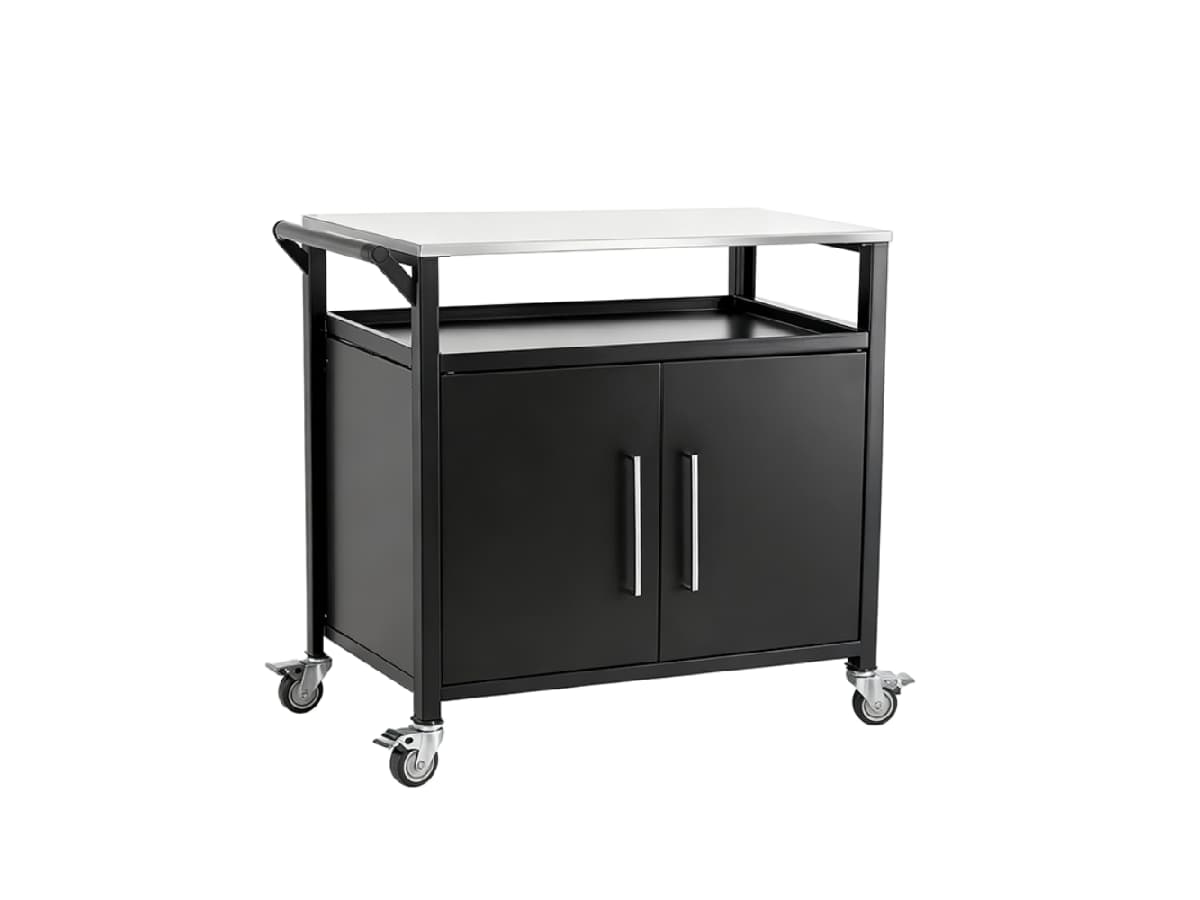 Heavy-duty outdoor kitchen prep cart with stainless steel countertop and storage cabinet
