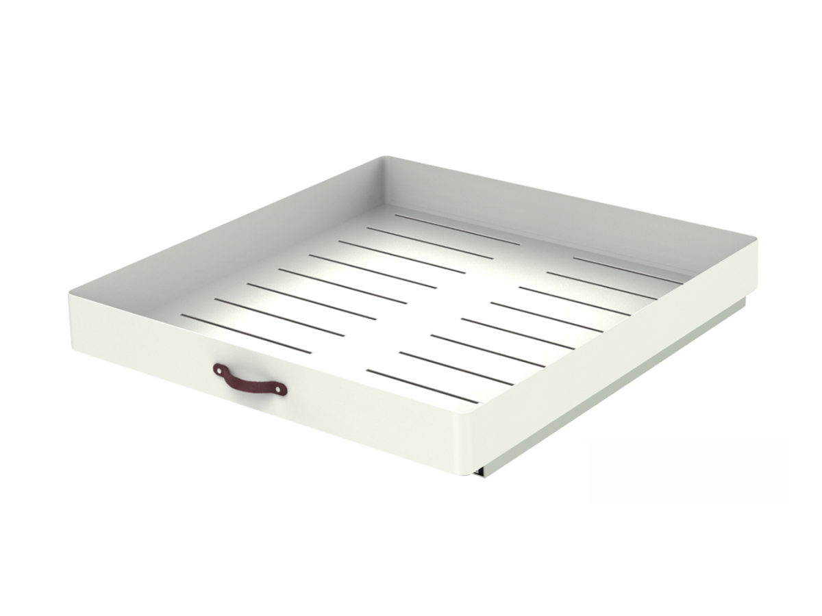 White metal pull-out cabinet storage tray